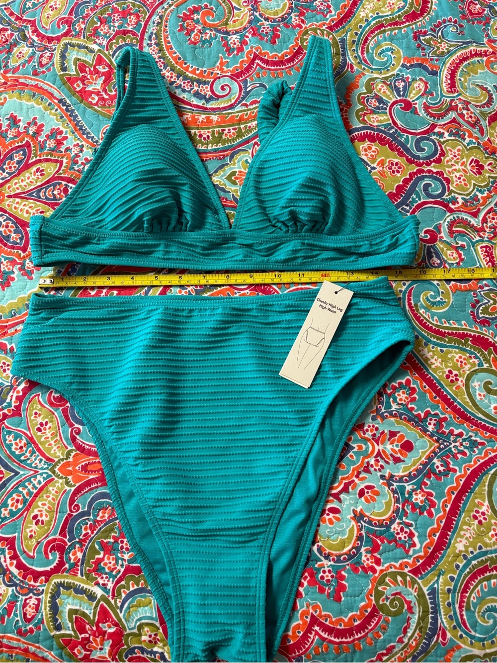 Time and Tru Teal Ribbed High-Waist Bikini Set